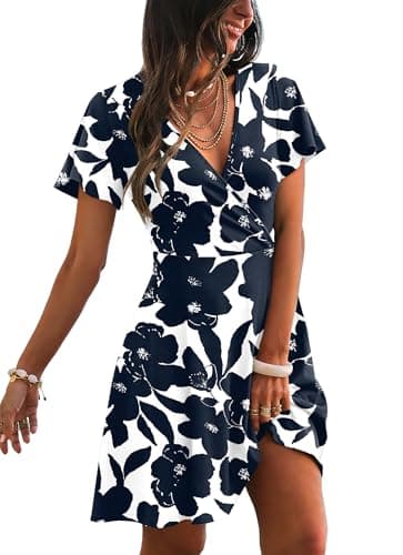 RUMIA Sundresses for Women 2026 Summer Beach Dresses Short Sleeve Empire Waist Church Wrap V Neck Dress Spring Clothes Floral Navy 02 XL - Image 1
