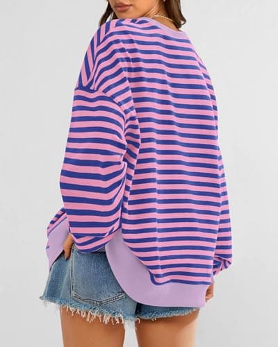 BTFBM Sweatshirt For Women 2026 Summer Crewneck Long Sleeve Oversized Striped Pullover Tops Y2K Clothes Workout Shirt(Blue Pink, X-Large) - Thumbnail 2