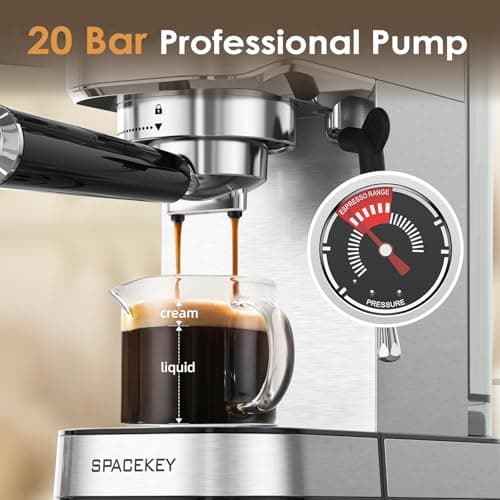 Spacekey Espresso Machine with Milk Frother, 20 Bar Compact Expresso Coffee Machines for Home, Stainless Steel Espresso Maker with 39oz Removable Water Tank for Cappuccino Latte, Fast Heating, Silver - Thumbnail 2