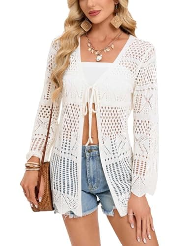 shermie Women's Long Sleeve Kimono Cover Up Summer Beach Tie Front Crochet Cardigan White - Image 1