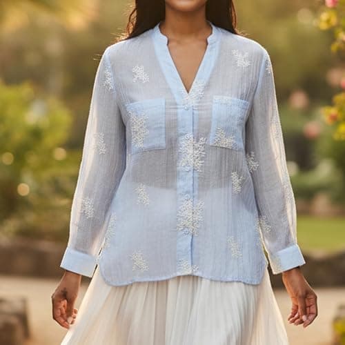 Ystguic Women's Sky Baby Blue Button Down See Through Embroideried Shirts - Thumbnail 2