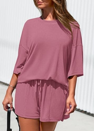 KIRUNDO 2 Piece Sets for Women Summer Lounge Sets Casual Oversized Tshirts Shorts Matching Airport Travel Outfits Postpartum(Pink, Small) - Thumbnail 6