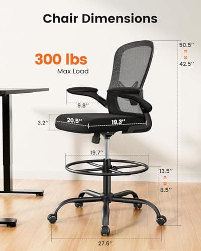 ErGear Drafting Chair, Standing Desk Chair with Flip-Up Armrests, High Desk Chair Adjustable Height, Ergonomic Tall Office Chair with Lumbar Support and Adjustable Footrest Ring - Thumbnail 2