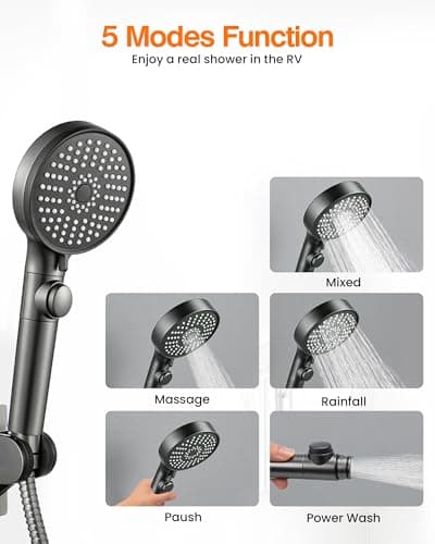 ECOHARV RV Shower Head with Hose, High Pressure Handheld RV Shower Head Replacement with On Off Switch,5 Modes,Power Jet, Camper Shower Head for RV,Travel Trailer,Motorhome,Boat RV Essentials,Gray - Thumbnail 2