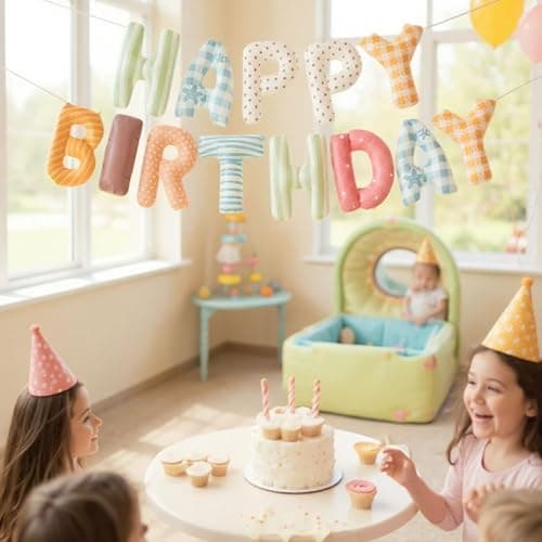 Vrukiaa Colorful Birthday Banner Foil Letter Balloon, 14 Inch 3D Plaid, Polka Dots, Stripes Patterned Reusable Mylar Foil Letters, Birthday Decorations (Birthday Banner 1) - Thumbnail 2