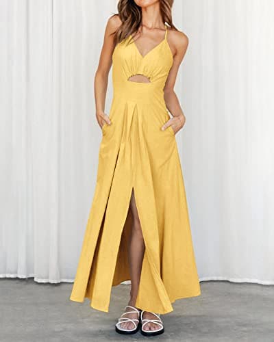 BTFBM Women 2026 Spaghetti Strap Midi Summer Dresses Sleeveless V Neck Cutout Slit Casual Beach Party Maxi Dress Pockets(Yellow, Large) - Thumbnail 6
