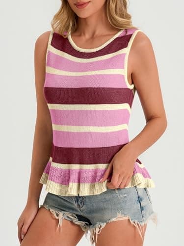 Cicy Bell Womens Striped Sweater Vest Summer Casual Sleeveless Ruffle Knit Tank Tops Crew Neck Lightweight Shirts Pink - Thumbnail 3