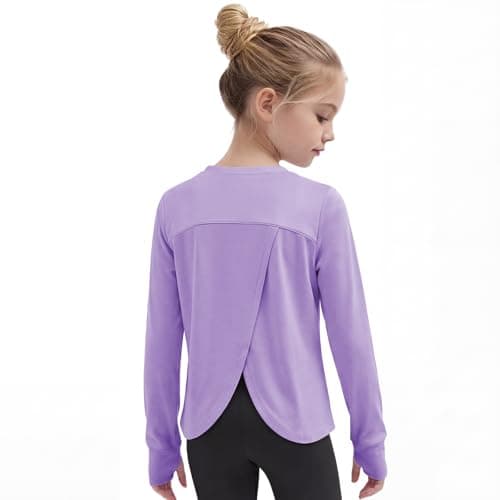 Gogokids Girls Long Sleeve Athletic Shirt, Breathable Cotton Activewear Top with Stretch, Split Back & Thumbholes, Deep Purple, 140, 9-10 Years - Image 1