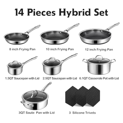 SNOWCLAD Pots and Pans Set Non Stick, 14 Pcs Hybrid Stainless Steel Cookware Sets, Non Stick Frying Pans, Saucepans, Saute Pan & Stock Pot, PFOA Free Kitchen Skillet,Induction Compatible - Thumbnail 4