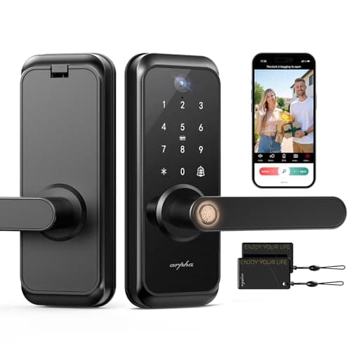 WiFi Video Smart Lock with Camera & Handle - 6-in-1 Keyless Entry (Fingerprint/App/Keypad/FOB/Key), Electric Deadbolt Door Knob for Front, Built-in WiFi, 2-Way Audio, Auto-Lock, Waterproof - Black