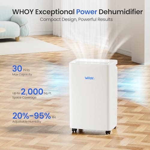WHOY 30 Pints Smart Dehumidifier with WiFi App, for Home & Bedroom Up to 2,000 Sq. Ft., Ultra Quiet with Child Lock & Laundry Dry, 1.6L Tank & Continuous Drain Hose - Thumbnail 2