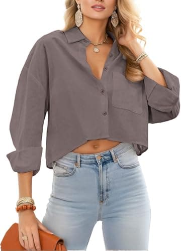 JINKESI Button Down Shirts & Blouses for Women Long Sleeve Slim Fit Office Casual Business with Pocket 100% Cotton Dark Gray - Image 1