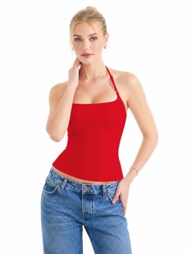 Women Halter Tank Tops Backless Sexy Summer Going Out Y2K Tops Sleeveless Double Line Camisole Crop Top Shirts(Red,Medium) - Thumbnail 6