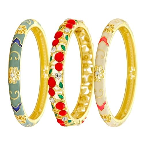FIVESWEET Trendy Cloisonne Bangle Bracelets Set for Women, Enamel Craft Jewelry-Floral Element , Retro Fashion Palace Style, Zinc Alloy with Rhinestones, 2.4Inch Diameter Fits Most Adults, Perfect Jewelry Gift Idea for Her, Girlfriend, Wife, Mom, Sister, Lover on Birthday, Christmas, Valentine's Day, Mother's Day (3, 3PCS-Cherry) - Image 1
