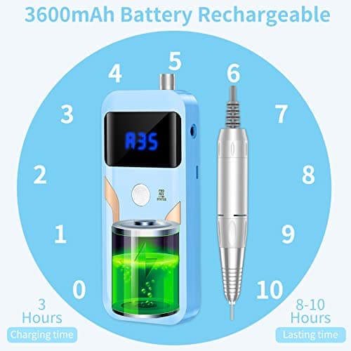 Portable Nail Drill Professional 35000 RPM, MOCOWIND Rechargeable Electric Nail File Machine E File for Acrylic Gel Polishing Removing, Cordless E-File with Bits Kit for Manicure Salon Home, Blue - Thumbnail 5