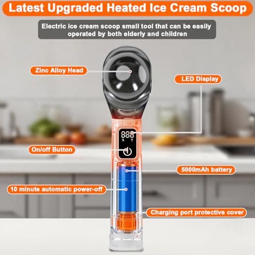 Electric Heated Ice Cream Scoop with ON/OFF and LED Display, 5000mAh Battery Rechargeable Heated Ice Cream Scoop Ideal for Scooping Hard Ice Cream and Frozen Desserts,Gift for Ice Cream Lovers (White) - Thumbnail 3