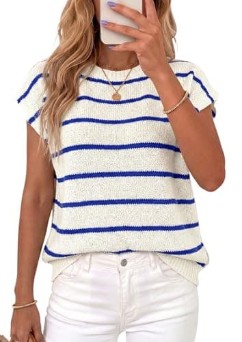 PRETTYGARDEN Womens Summer Short Sleeve Tops 2026 Trendy Crew Neck Striped Knit Sweater Business Casual Spring Clothes (Striped White Blue,Small) - Image 1
