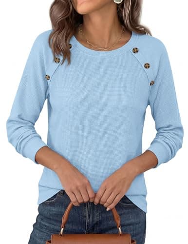PRETTYGARDEN Fall Long Sleeve Waffle Knit Shirts for Women, Light Blue,L - Thumbnail 4