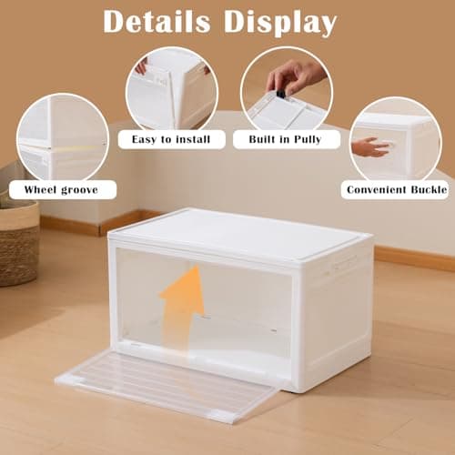 ABAMFUR 101QT Plastic Stackable Storage Bins, 4 Pack Collapsible Plastic Storage Bins with Lid, Doors & Wheels, for Closet Bedroom, White - Thumbnail 4