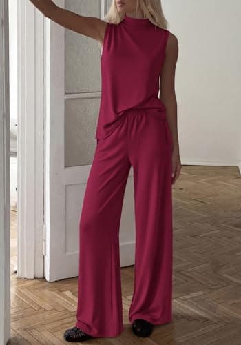 BTFBM 2 Piece Outfits For Women Airport Travel Summer 2026 Loose Mock Neck Sleeveless Wide Leg Pants Workout Lounge Sets(Burgundy, Small) - Thumbnail 5