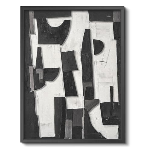 Modern Black White Abstract 3D Stacked Double-Panel Sandstone Wall Art, 12x16 Geometric Design Metal Frame Minimalist Wall Hanging, Contemporary Room Bedroom Scandinavian Office Gallery Decor - Image 1