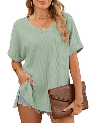 Dokotoo Cute Tops for Women Plus Size Womens Tops Trendy Casual Ladies Workout Clothes Oversized T Shirts 205 Summer Solid Blouses Loose Oversized Blouses Knit Grass Green Small - Image 1