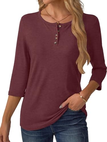 GKBK 3/4 Sleeve Womens Tops Fall Clothes Henley Casual Spring Summer Lightweight Basic Tunic Shirts Wine Red - Thumbnail 6