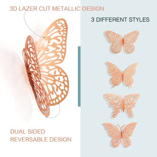 3D Gold Butterfly Wall Decor 3 Sizes 4 Styles Butterfly Party Decorations Cake Decorations Removable Stickers Wall Decor Room Mural Metallic Kids (Rose Gold, 96Pcs) - Thumbnail 3