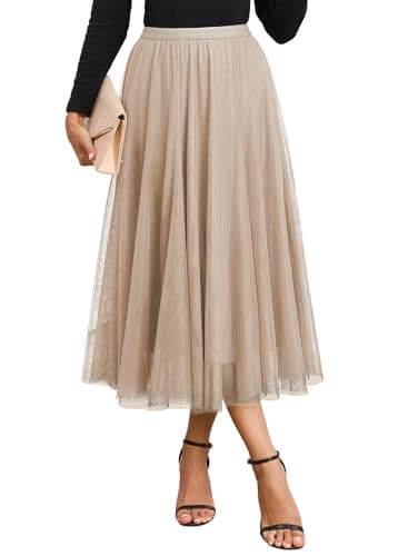 Happy Sailed Womens Skirts Tulle Elastic High Waisted Mesh Layered A-Line Flowy Long Skirts for Women Date Night Outfits Trendy 2026 Apricot Small - Image 1