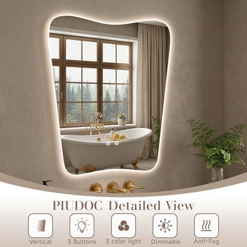 PIUDOC 22x30 Inch Backlit Bathroom Mirror, Frameless LED Vanity Mirror with Lights, Dimmable Anti-Fog,Vertical Wall Mount for Bathroom Makeup, 3 Color Changing, Shatterproof, Touch Sensor - Thumbnail 3