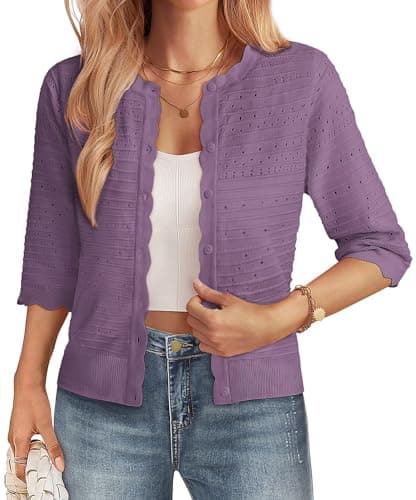 GRACE KARIN Womens Short Sleeve Cardigan Sweater, Lightweight Cropped Cardigan Trendy, Button Up Bolero Shrugs Dress Purple - Image 1