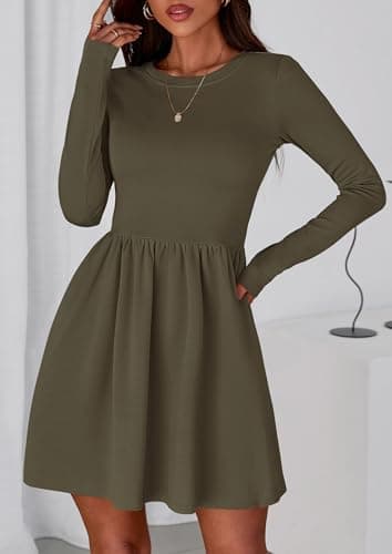 PRETTYGARDEN Women's Long Sleeve Mini Dresses 2026 Spring Casual Pleated A Line Party Cocktail Short Babydoll Dress with Pocket (Army Green,L) - Thumbnail 4