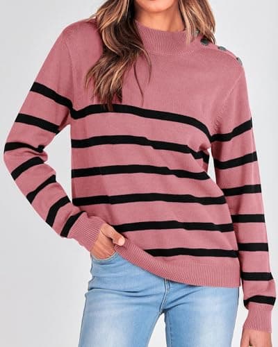 KIRUNDO Fall Sweaters for Women 2026 Striped Turtleneck Ribbed Knit Sweater Trendy Pullover Jumper Winter Fashion Clothing(Large, Dusty Pink) - Thumbnail 2