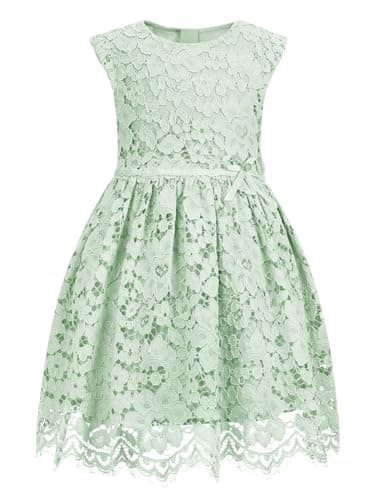 ALLOVIN Girls & Toddlers Sleeveless A-Line Lace Party Dress Birthday Wedding & Flower Girl Dress with Beaded Bowknot | Mint Green | 6-7Y - Image 1