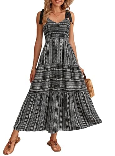 Dokotoo Women's Summer Maxi DressCasual Boho Sleeveless Tie Strap 2026 Smocked Tiered Long Beach Vacation Sundresses,Black-Striped Small - Image 1