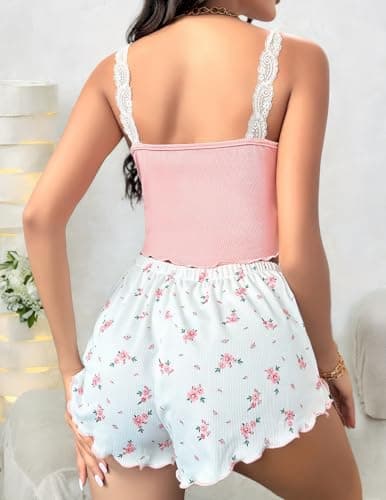 Girece Sexy Pajamas for Women Two Piece Lounge Shorts Set Cute Lingerie Summer Pjs Cami Sets for Women Sleepwear Sexy Nightwear(Pink,XXL) - Thumbnail 3