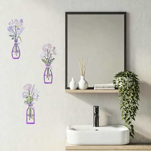 ArtCachet 3-Piece Metal Floral Wall Art - Bathroom Arts & Modern Farmhouse Decor,Home Wall Decors Sculptures for Living Room, Dining Room, Bedroom Wall Decorations & Housewarming Gift(Purple, Vase-A) - Thumbnail 4