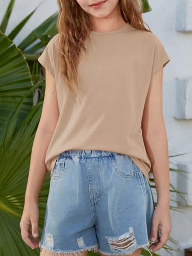 Girls Cap Sleeve T-Shirt Lightweight Summer Crewneck Top Loose Fit Casual Tee for Kids 5-14 Years Basic Tops Beige - Thumbnail 4