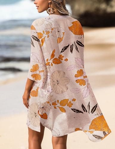 AI'MAGE Women's Swimsuit Cover Ups Shirt V-Neck Button Down Bathing Suit Coverups Beach Tunic Top, Floral-Peach, Large - Thumbnail 4