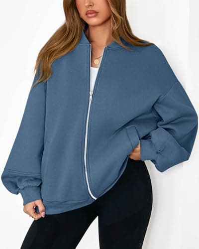 KIRUNDO Oversized Sweatshirt for Women Zip Up Bomber Jacket 2026 Fall Fashion Casual Long Sleeve Outerwear Winter Outfits(Blue, Small) - Thumbnail 5