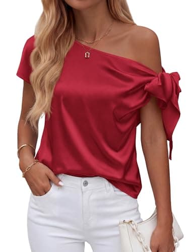 BTFBM Off The Shoulder Tops for Women Summer 2026 Short Sleeve Satin Blouse Shirts Silk Y2K Going Out Top Beach Vacation(Red, X-Large) - Image 1