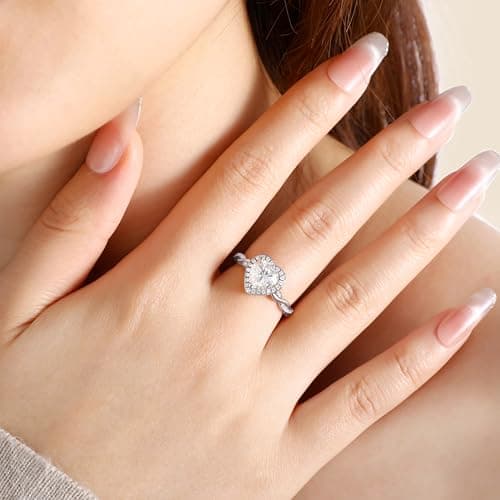 SILVERNANA 1.5ct Heart Cut Moissanite Engagement Ring for Women 925 Sterling Silver Twisted Vine Heart Halo Promise Ring Size 4 - Thumbnail 3