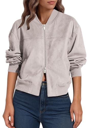 Lazysmile Women's Faux Suede Bomber Jackets Fall Fashion Outfits Winter Clothes Stand Collar Zip Up Coats Outwear with Pockets - Image 1