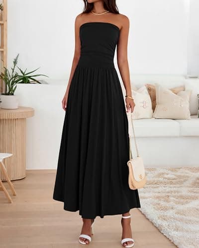 BTFBM Summer Maxi Dresses for Women 2026 Strapless Ruched Tube Top Beach Vacation Spring Wedding Guest Dress Pockets (Black, X-Large) - Thumbnail 2