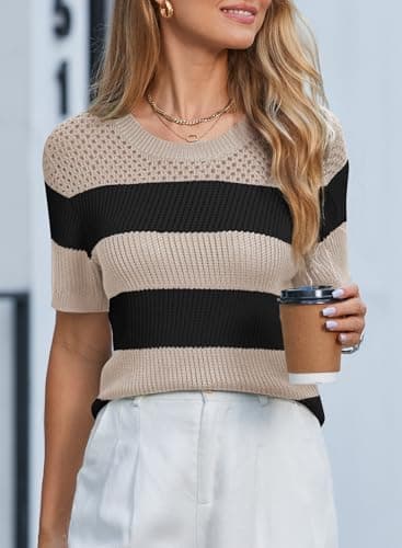 Dokotoo Summer Tops for Women Fashion Striped Short Sleeve Shirts 2026 Cute Color Block Round Neck Knitted Top Blouses Womens Casual Spring T Shirts Black Small - Thumbnail 3