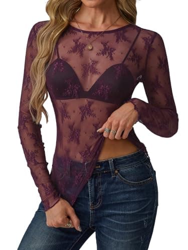 GKBK Womens Mesh Long Sleeve Tops Crew Neck Sexy See Through Tee Dressy Casual Shirts Party Club Night Lace Blouse Western Wear Outfit Clothes Going Out Clothing Burgundy XL - Thumbnail 5