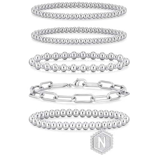 adoyi Silver Beaded Bracelets for Women, 14K Gold Plated Jewelry Bracelet Stack Dainty Initial Stackable Stretch Bead Ball Letter N Strand Bracelet Set Adjustable Gift for Women