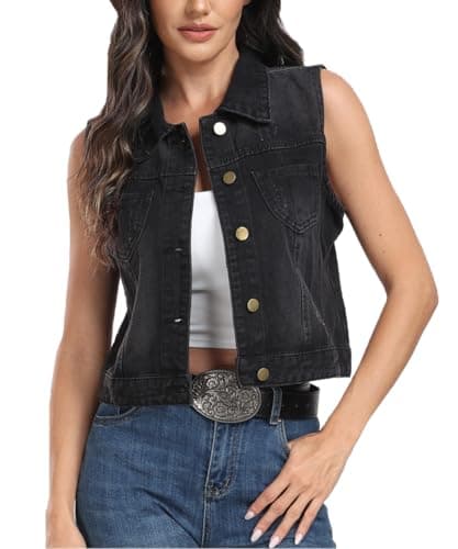 J.Corrine Women’s Denim Vest Sleeveless Classic Cropped Distressed Spread Collar Button Jean Vest Jackets With Pockets-Black XL - Image 1