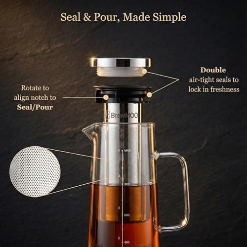 BrewMOO Cold Brew Coffee Maker Pitcher, 1.0L/34Oz Airtight Borosilicate Glass Carafe with 150 Mesh Precision Filter | Barista Grade Iced Coffee Maker, Integrated Glass Handle & Non Slip Base (Grey) - Thumbnail 5