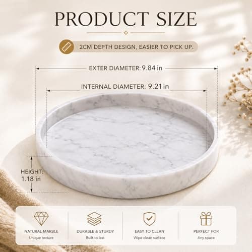 Apasqro Carrara White Marble Tray Round 10 Inch, Natural Stone Perfume & Dessert Tray, Elegant Serving & Display Plate for Home, Vanity, 2 cm Deep, Non-Slip Base - Thumbnail 3